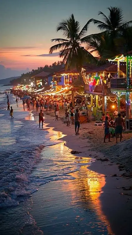 Beach shacks lit along the shoreline at sunset, their lights reflected in the wet sand