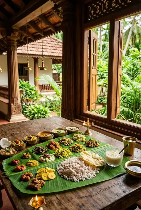 A sadya laid out on banana leaves down a long wooden table, the garden visible through open shutters