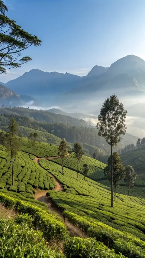 Tea terraces stepping down a hillside with mist lying in the valley beyond
