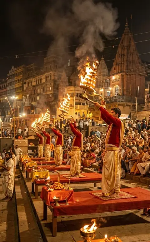 Priests raising tiered lamps during the evening Ganga aarti, smoke rising past the spires